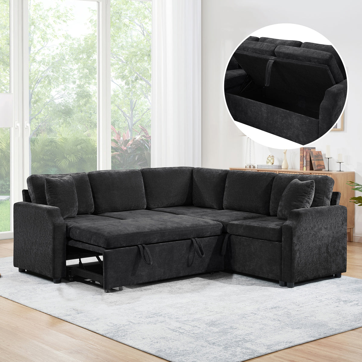 Sectional Sofa Bed L-shaped Sectional 81.9" Upholstered L-shaped Sofa with a Sofa Sleeper and a Hidden Storage Compartment for Living Room, Black