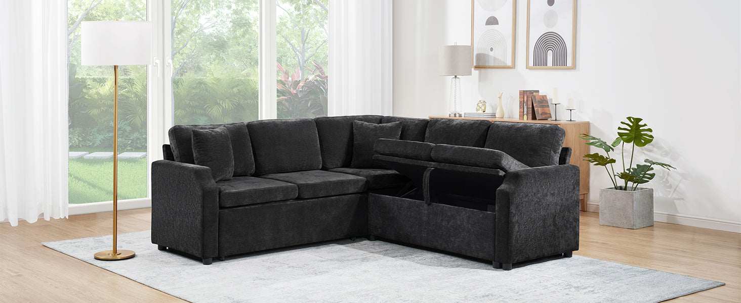Sectional Sofa Bed L-shaped Sectional 81.9" Upholstered L-shaped Sofa with a Sofa Sleeper and a Hidden Storage Compartment for Living Room, Black