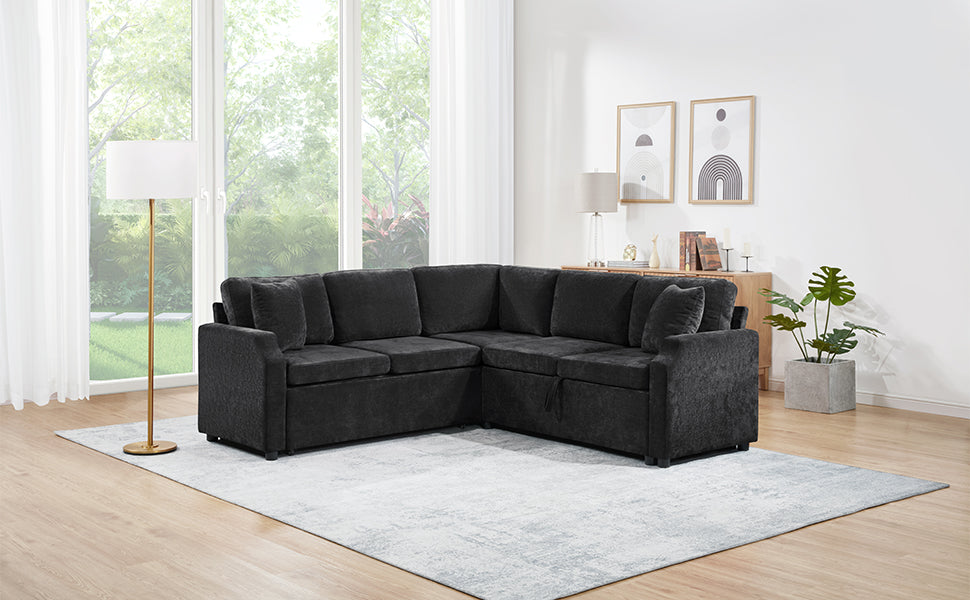 Sectional Sofa Bed L-shaped Sectional 81.9" Upholstered L-shaped Sofa with a Sofa Sleeper and a Hidden Storage Compartment for Living Room, Black