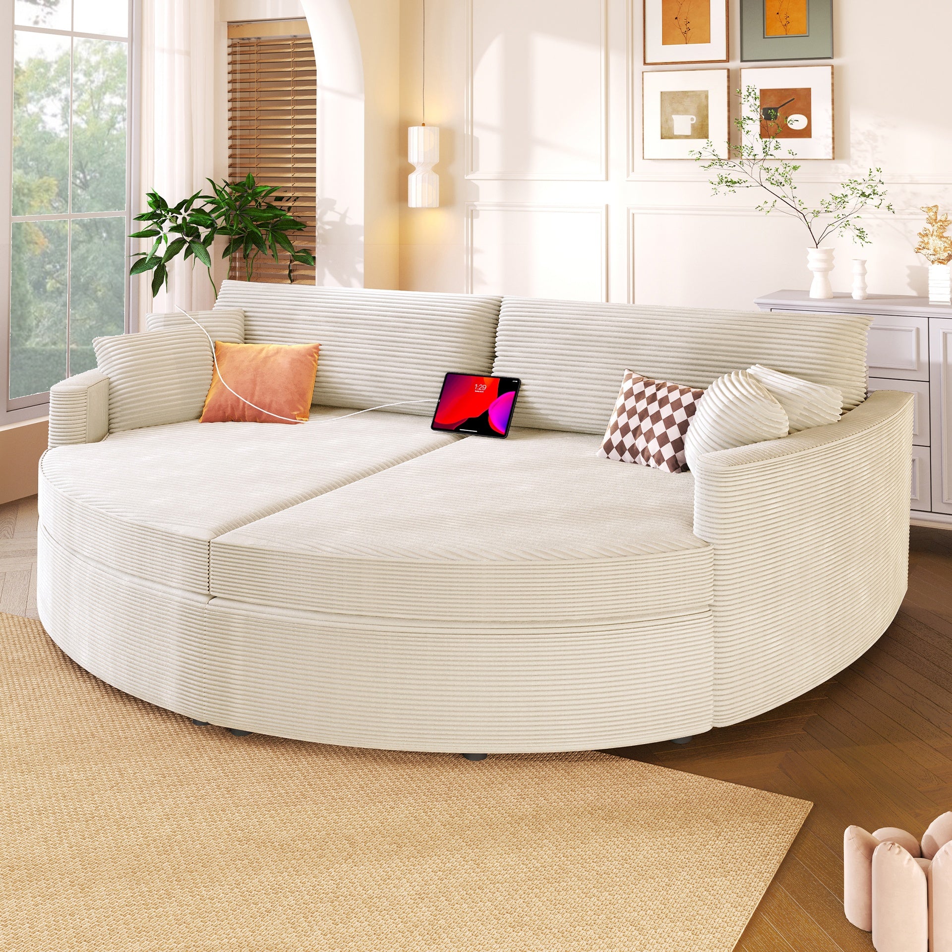 Oversized Double Chaise Lounge Sofa 102.3" Sofa Bed Upholstered Loveseat Sofa Couch with Deep Seat and USB Ports for Living Room, Beige
