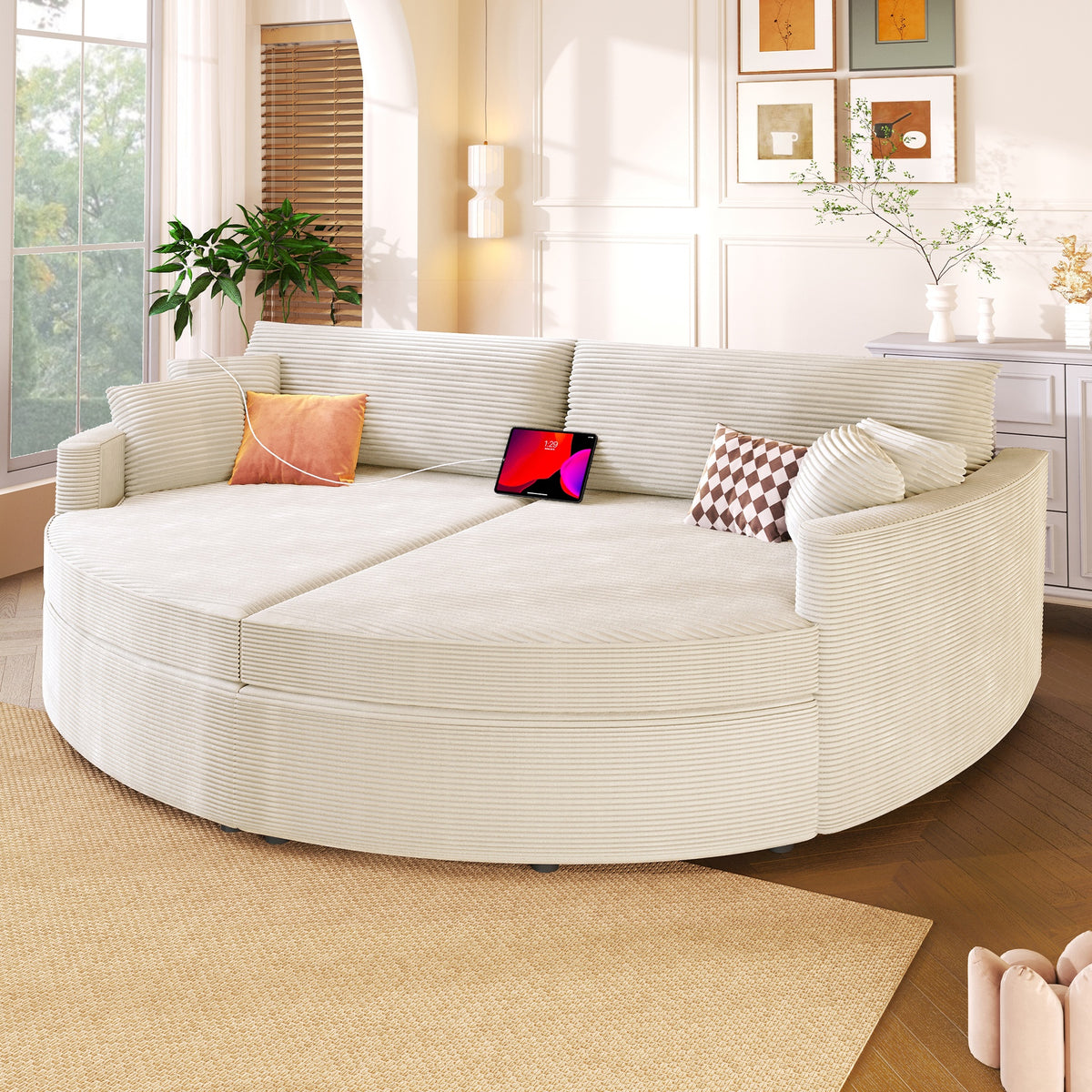 Oversized Double Chaise Lounge Sofa 102.3" Sofa Bed Upholstered Loveseat Sofa Couch with Deep Seat and USB Ports for Living Room, Beige
