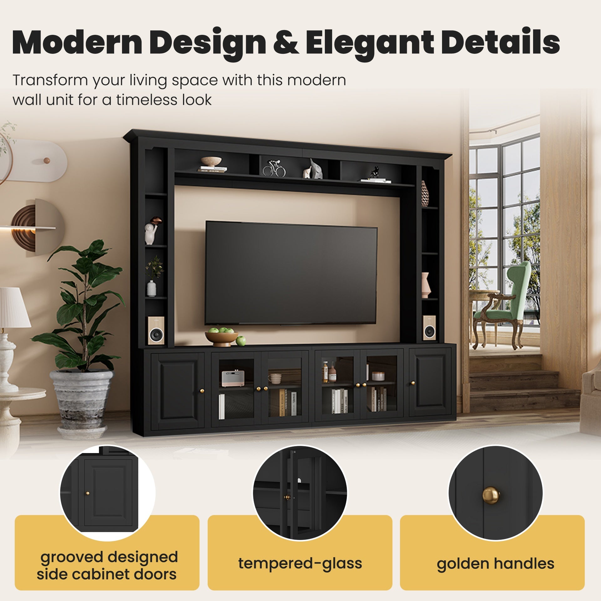 4-Piece Modern Entertainment Center Wall Unit with Bookshelves, All-in-1 Large TV Stand with Tempered Glass Door for TVs Up to 80", 92inch Media Console with Adjustable Shelves for Living Room, Black