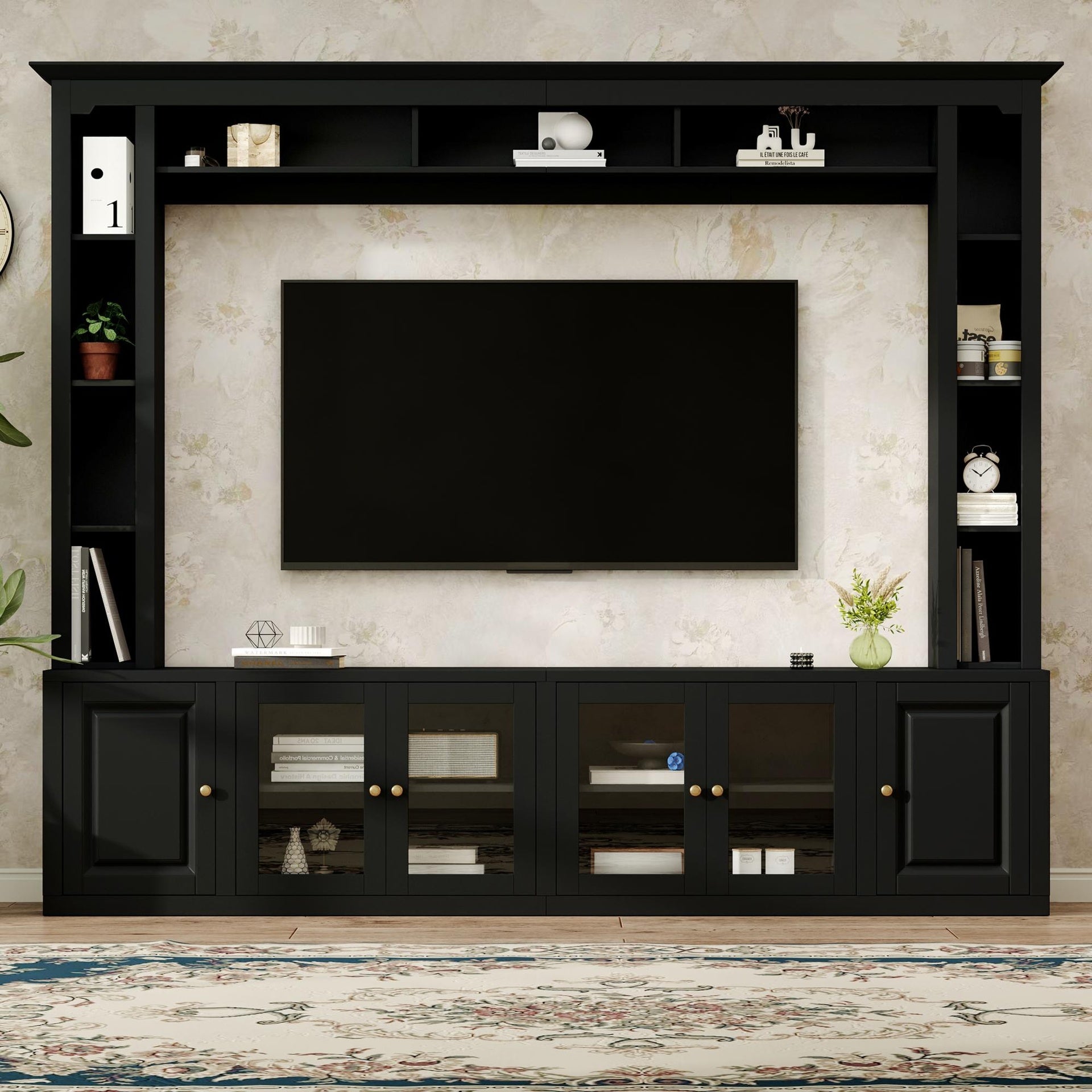 4-Piece Modern Entertainment Center Wall Unit with Bookshelves, All-in-1 Large TV Stand with Tempered Glass Door for TVs Up to 80", 92inch Media Console with Adjustable Shelves for Living Room, Black