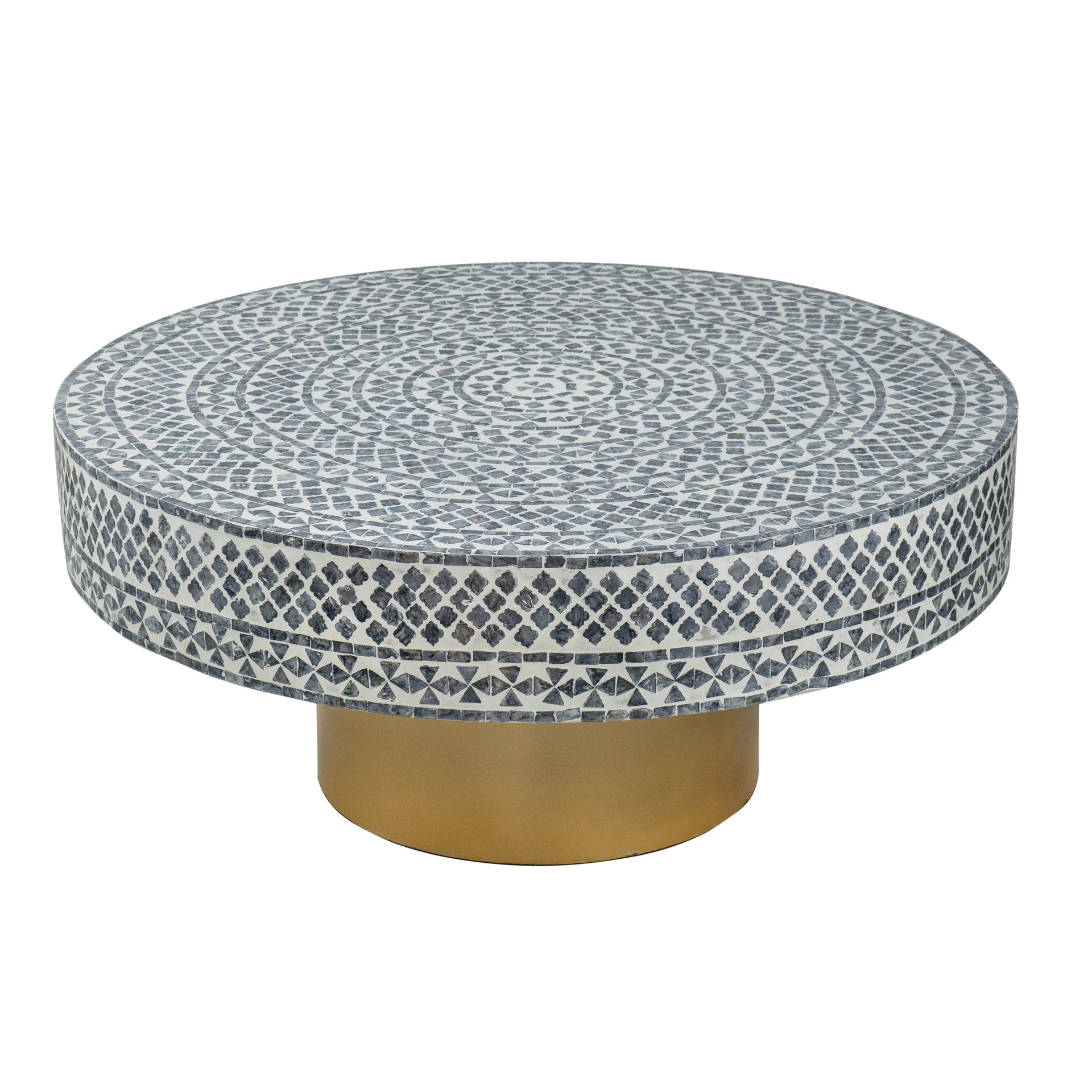 35x35x16" Unique Gray Black Ivory Capiz Coffee Table with Gold Pedestal Base