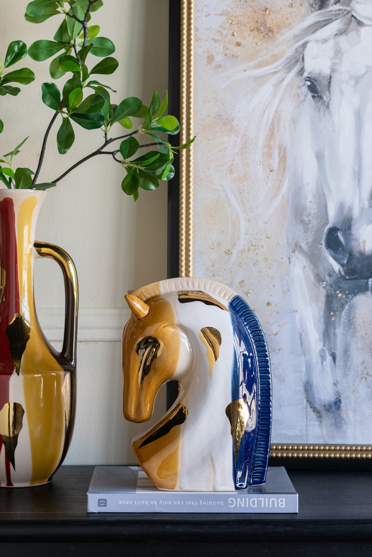 7.2x4.1x10.6" Ceramic Horse Head Sculpture with Abstract Multicolored Finish