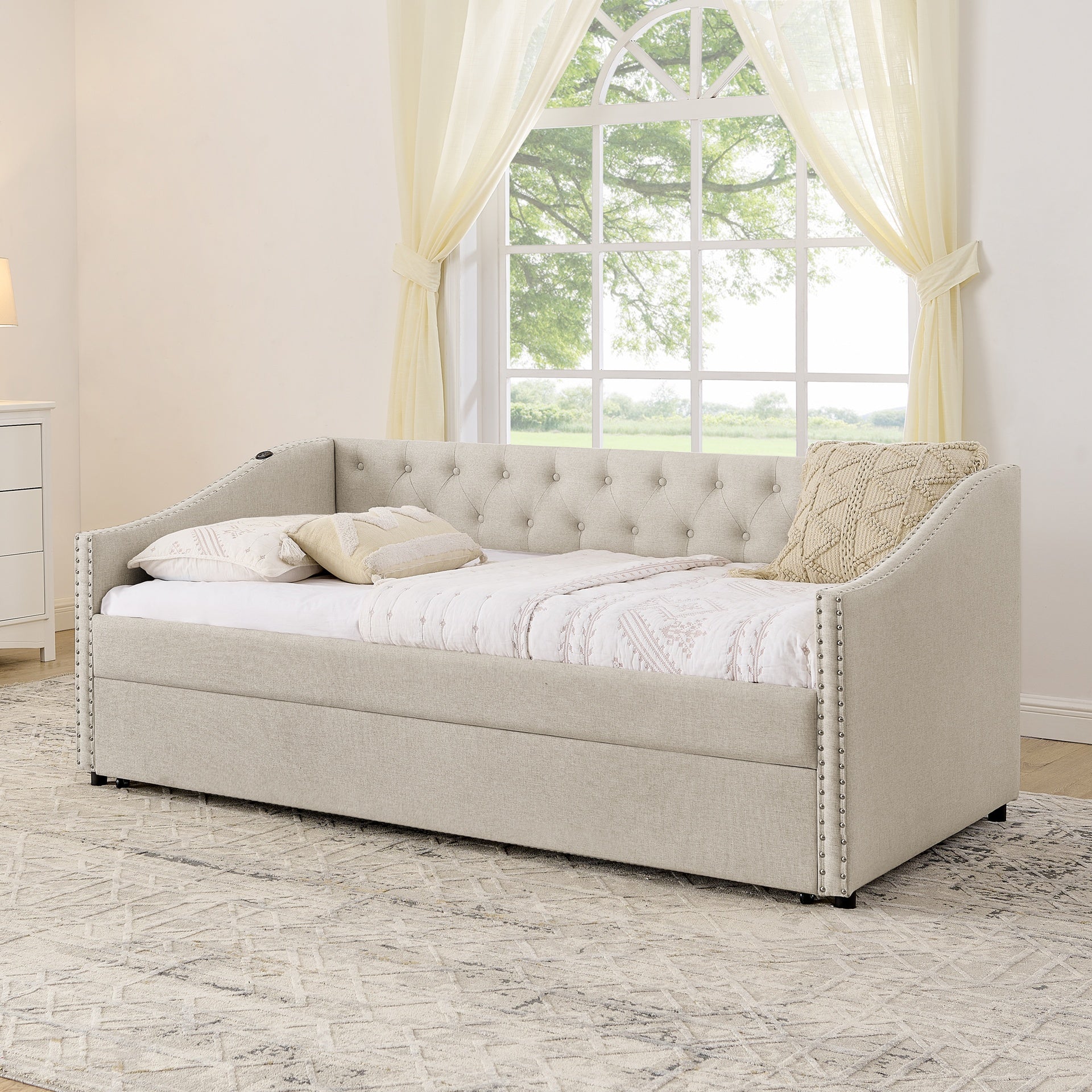 Twin Size Daybed with USB Charging & Pull-out Extendable Bed, with Button on Back and Copper Nail on Waved Shape Arms (81"x42"x30.75")