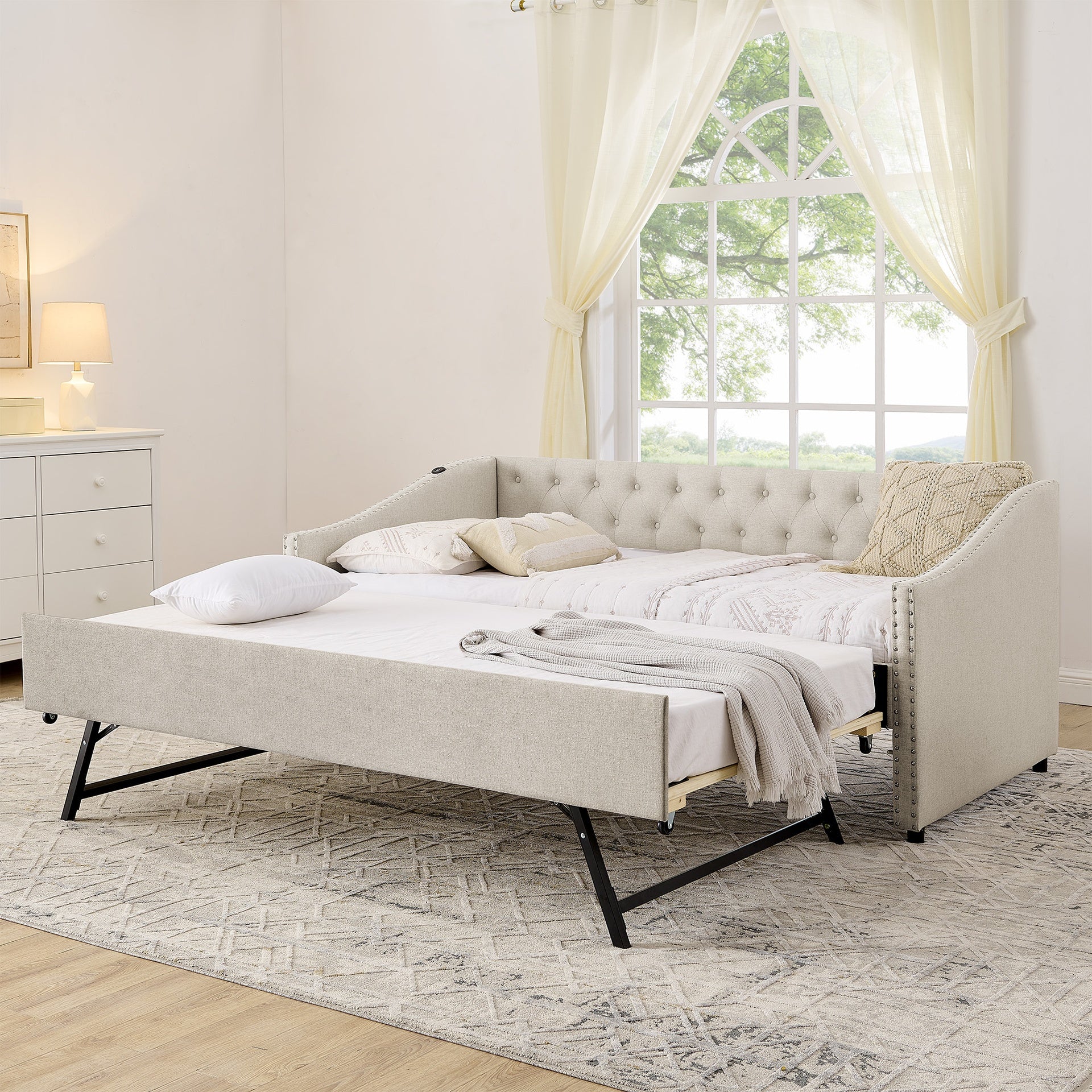 Twin Size Daybed with USB Charging & Pull-out Extendable Bed, with Button on Back and Copper Nail on Waved Shape Arms (81"x42"x30.75")