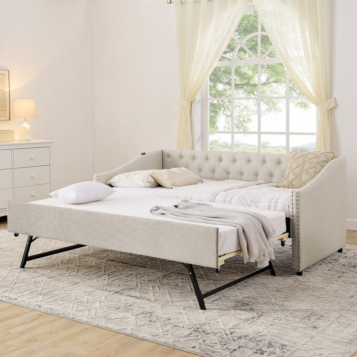 Twin Size Daybed with USB Charging & Pull-out Extendable Bed, with Button on Back and Copper Nail on Waved Shape Arms (81"x42"x30.75")