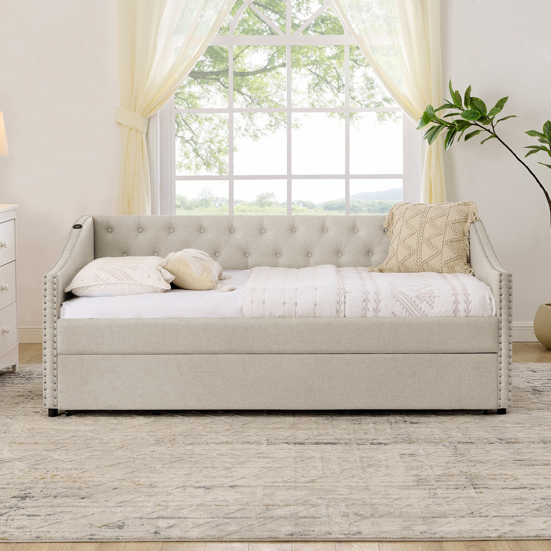 Twin Size Daybed with USB Charging & Pull-out Extendable Bed, with Button on Back and Copper Nail on Waved Shape Arms (81"x42"x30.75")