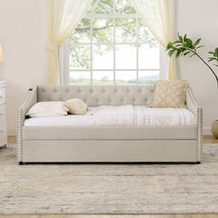 Twin Size Daybed with USB Charging & Pull-out Extendable Bed, with Button on Back and Copper Nail on Waved Shape Arms (81"x42"x30.75")