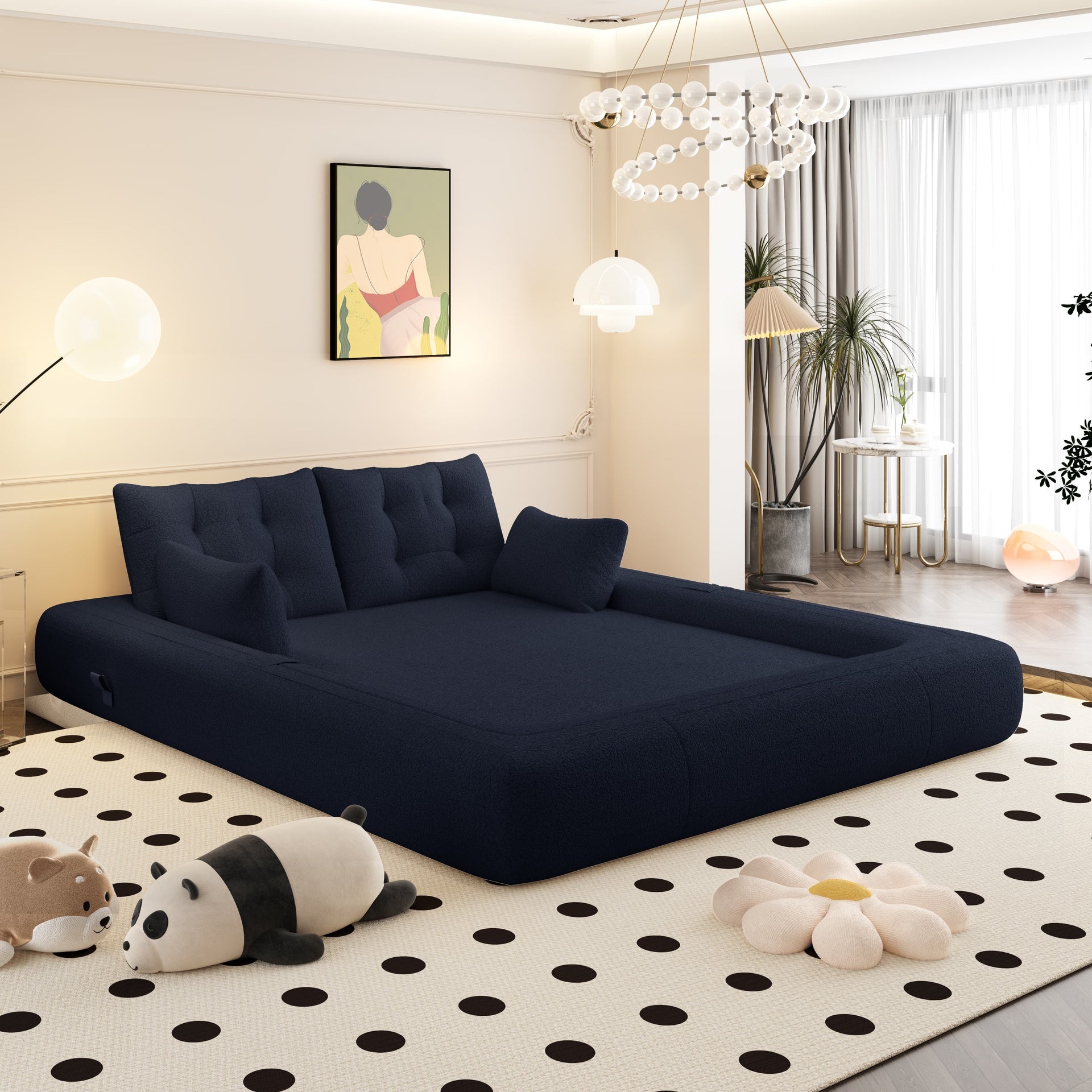 Human Dog Bed, Lazy Sofa Couch, 78.7" Multi-Functional Foldable Sofa Bed, 3-in-1 Teddy Fabric Foam-Filled Sleeper Sofa Bed for Living Room,Guest Bed,Playroom,Dark blue