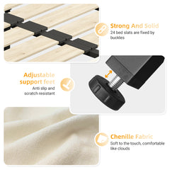 King Size Bed Frame,Tufted Headboard with Extra-Large Ultra-Soft Cloud Pillow Design,Chenille Platform Bed with Metal and Wooden Slats Double Support,Solid and Stable,Noise-Free,Beige/White
