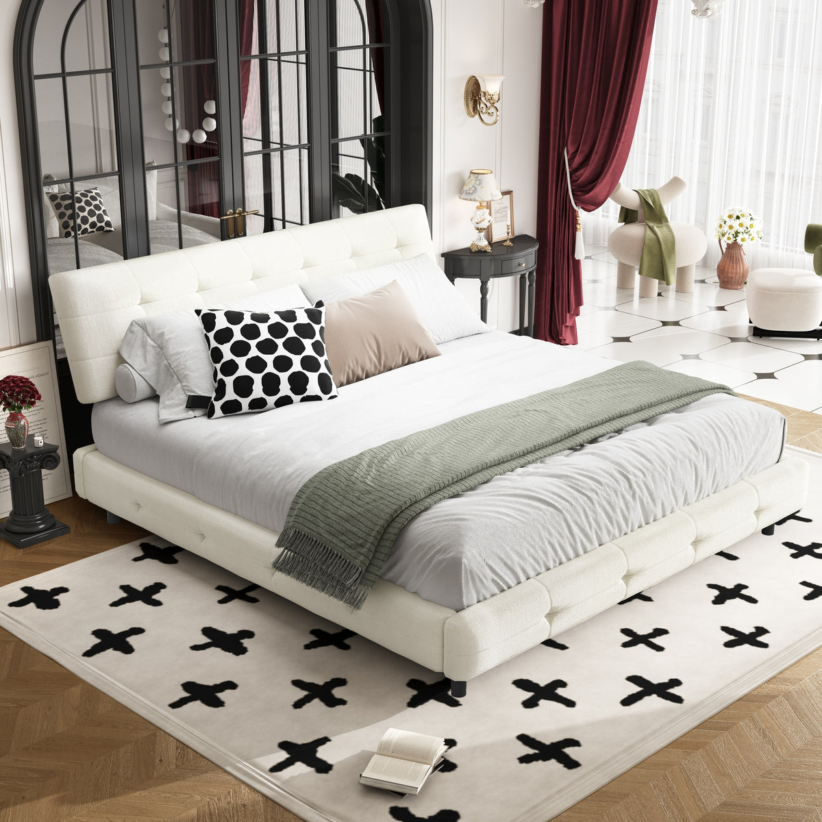 King Size Bed Frame,Tufted Headboard with Extra-Large Ultra-Soft Cloud Pillow Design,Chenille Platform Bed with Metal and Wooden Slats Double Support,Solid and Stable,Noise-Free,Beige/White