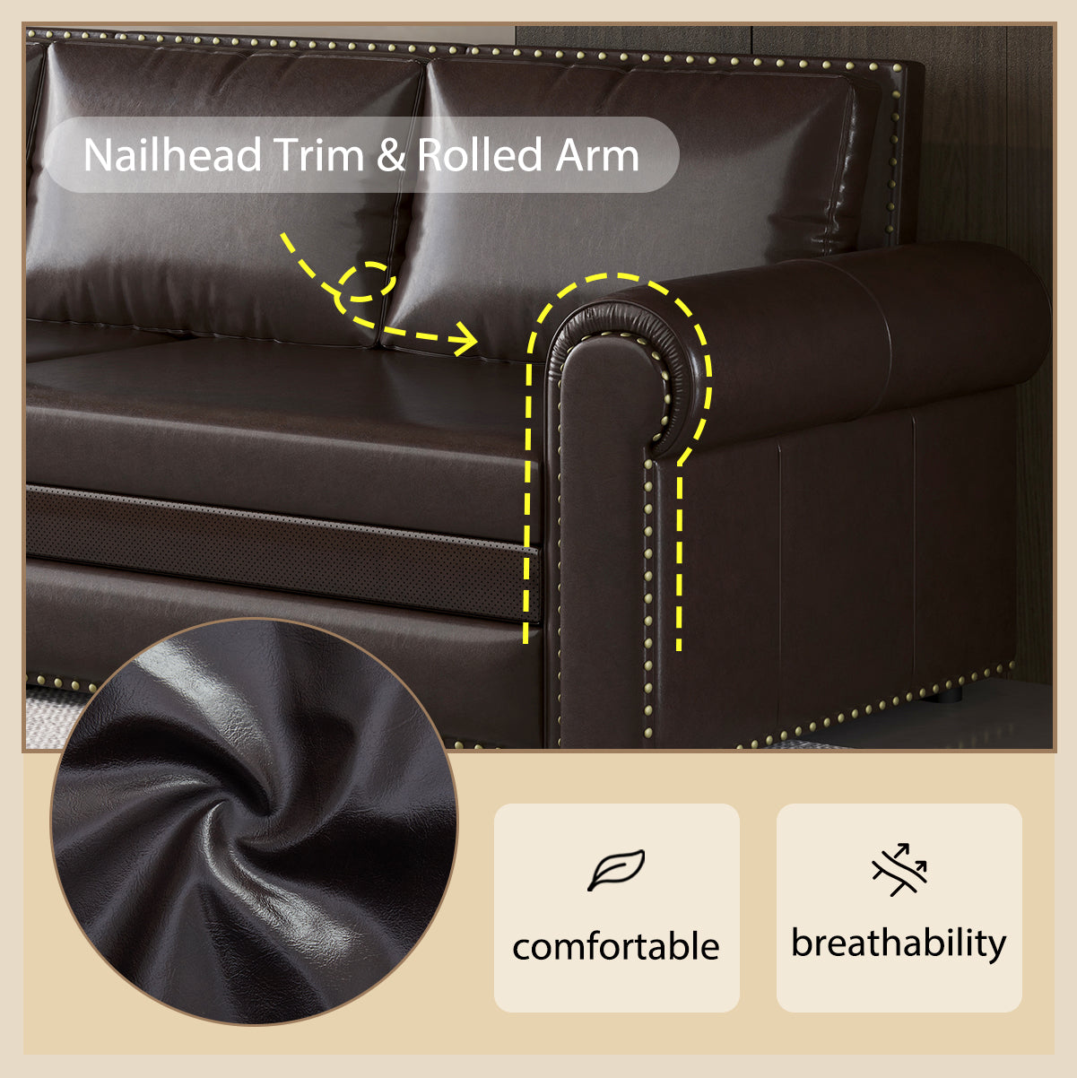 Chesterfield Sofa,93.7" King Pull Out Sofa Bed, 3-in-1 Faux Leather Convertible Sleeper Sofa with Nailhead Trim & Rolled Arm,Multi-Functional Sofa Bed,Dark Brown(new sku:W1885S00096/W1885S00035)