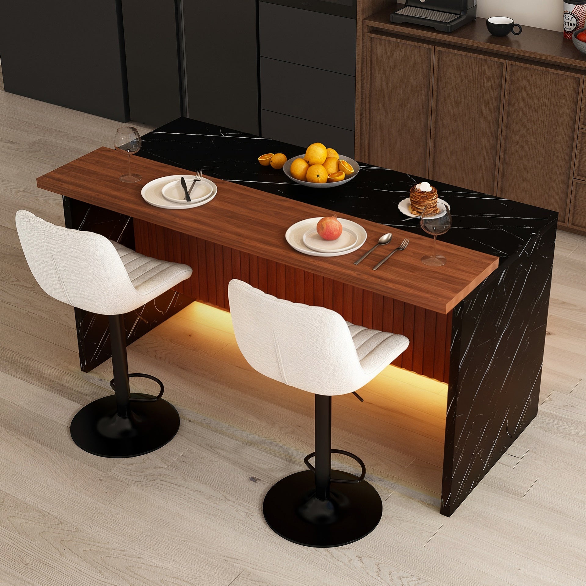 63" Modern Kitchen Island Set with 2 Beige Bar Stools - Black Marble Look Surface, LED Lighting & Grill Design for Dining Room, Open Concept Spaces, Lounge(2 Beige Bar Stools)