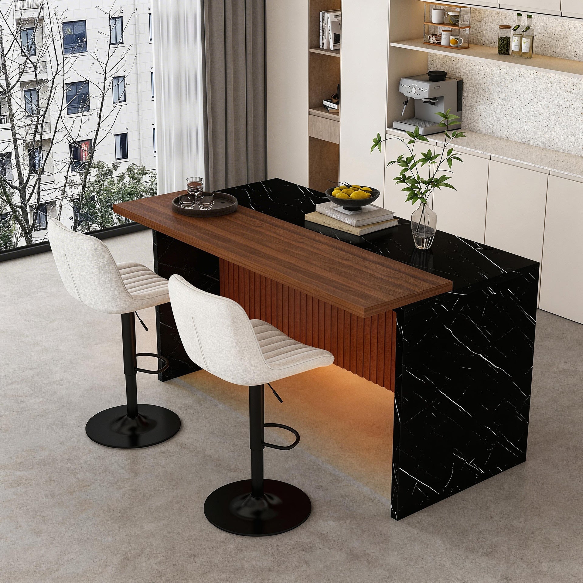 63" Modern Kitchen Island Set with 2 Beige Bar Stools - Black Marble Look Surface, LED Lighting & Grill Design for Dining Room, Open Concept Spaces, Lounge(2 Beige Bar Stools)