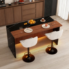 63" Modern Kitchen Island Set with 2 Beige Bar Stools - Black Marble Look Surface, LED Lighting & Grill Design for Dining Room, Open Concept Spaces, Lounge(2 Beige Bar Stools)