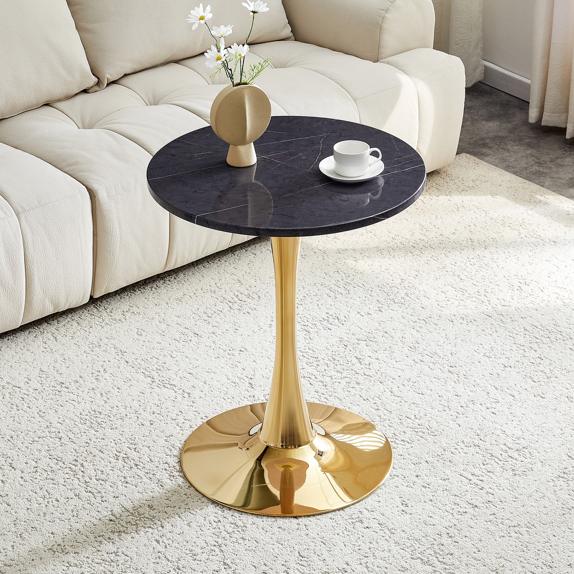 Round Dining Table, 23.6" Circle Tulip Table with Thickened Tabletop & Metal Pedestal, Mid Century Modern Bistro Table for Kitchen, Small Places, Living Room, Cafe (Faux Marble)