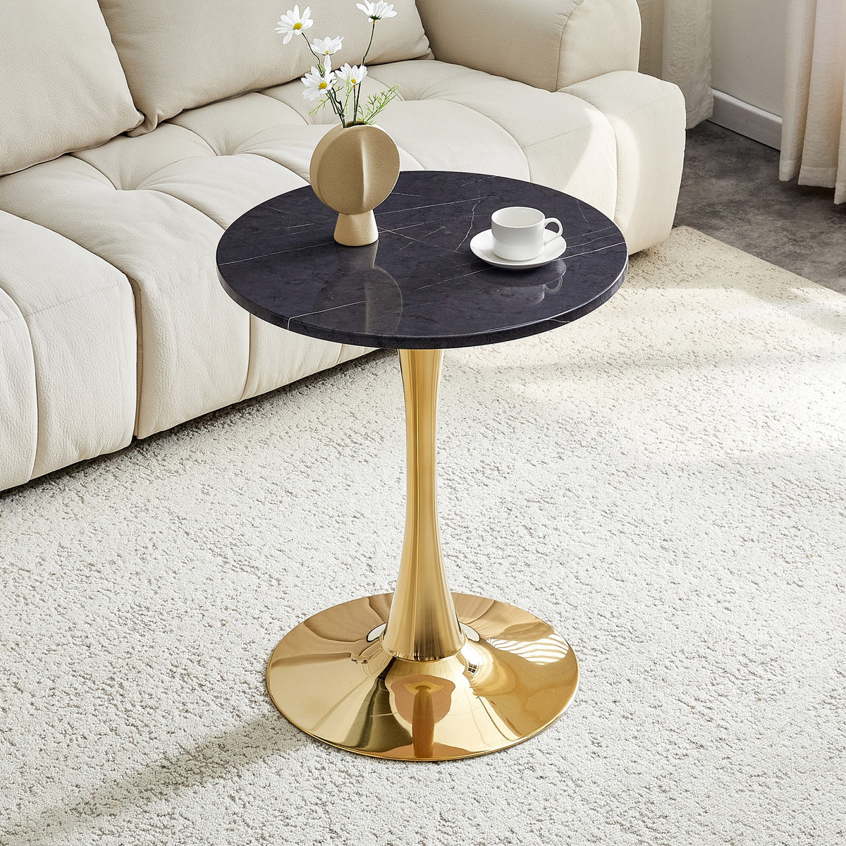 Round Dining Table, 23.6" Circle Tulip Table with Thickened Tabletop & Metal Pedestal, Mid Century Modern Bistro Table for Kitchen, Small Places, Living Room, Cafe (Faux Marble)