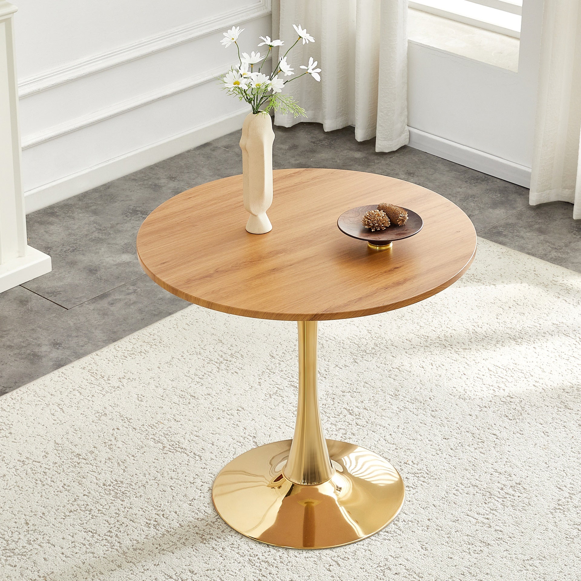Round Dining Table, 31.5" Circle Tulip Table with Thickened Tabletop & Metal Pedestal, Mid Century Modern Bistro Table for Kitchen, Small Places, Living Room, Cafe (Faux Wood)