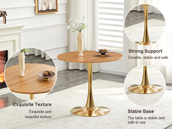 Round Dining Table, 31.5" Circle Tulip Table with Thickened Tabletop & Metal Pedestal, Mid Century Modern Bistro Table for Kitchen, Small Places, Living Room, Cafe (Faux Wood)