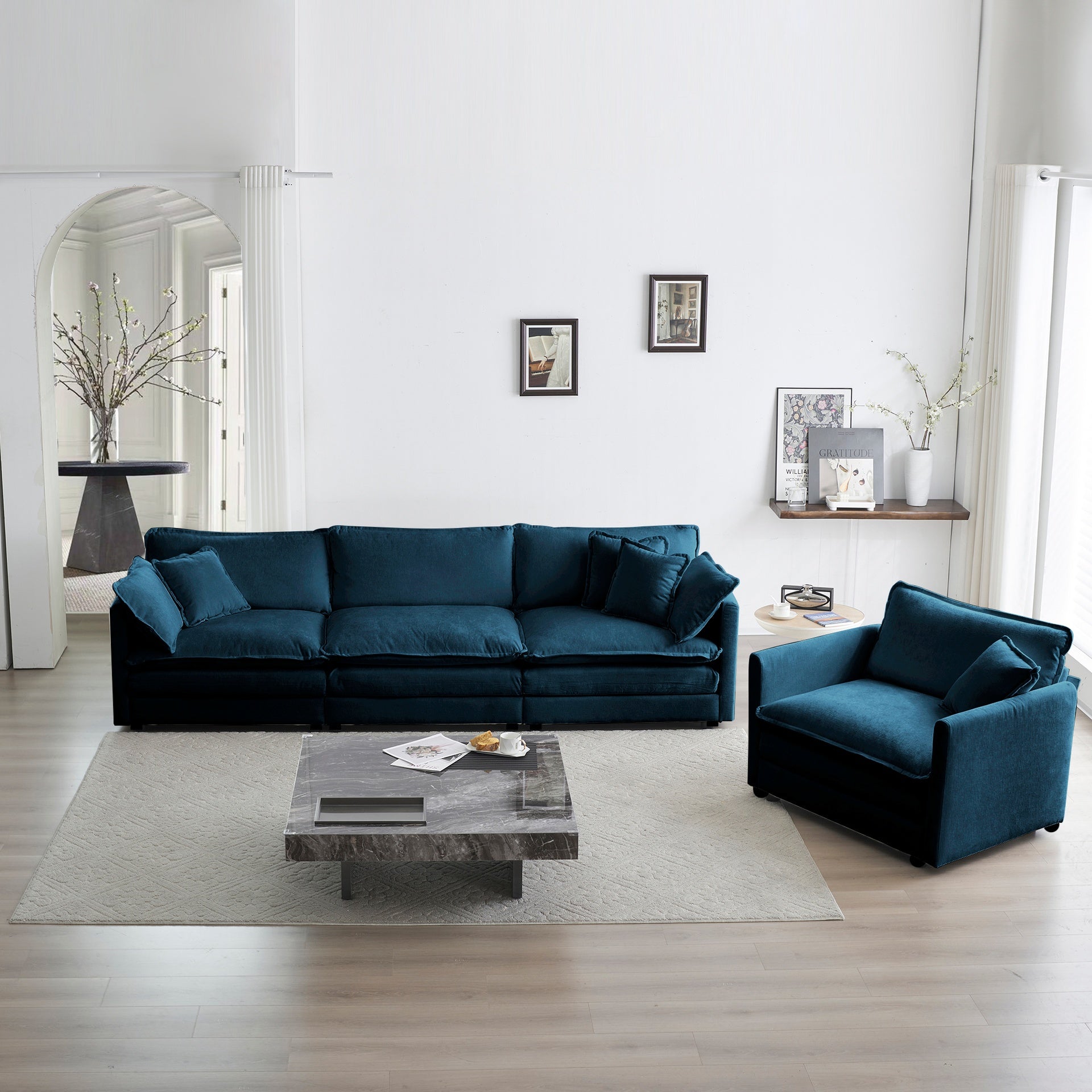 2-Piece Upholstered Sofa, Living Room Sectional Sofa Set Modern Sofa Couches Set , Deep Seat Sofa for Living Room Apartment, 1+3 Seat Blue