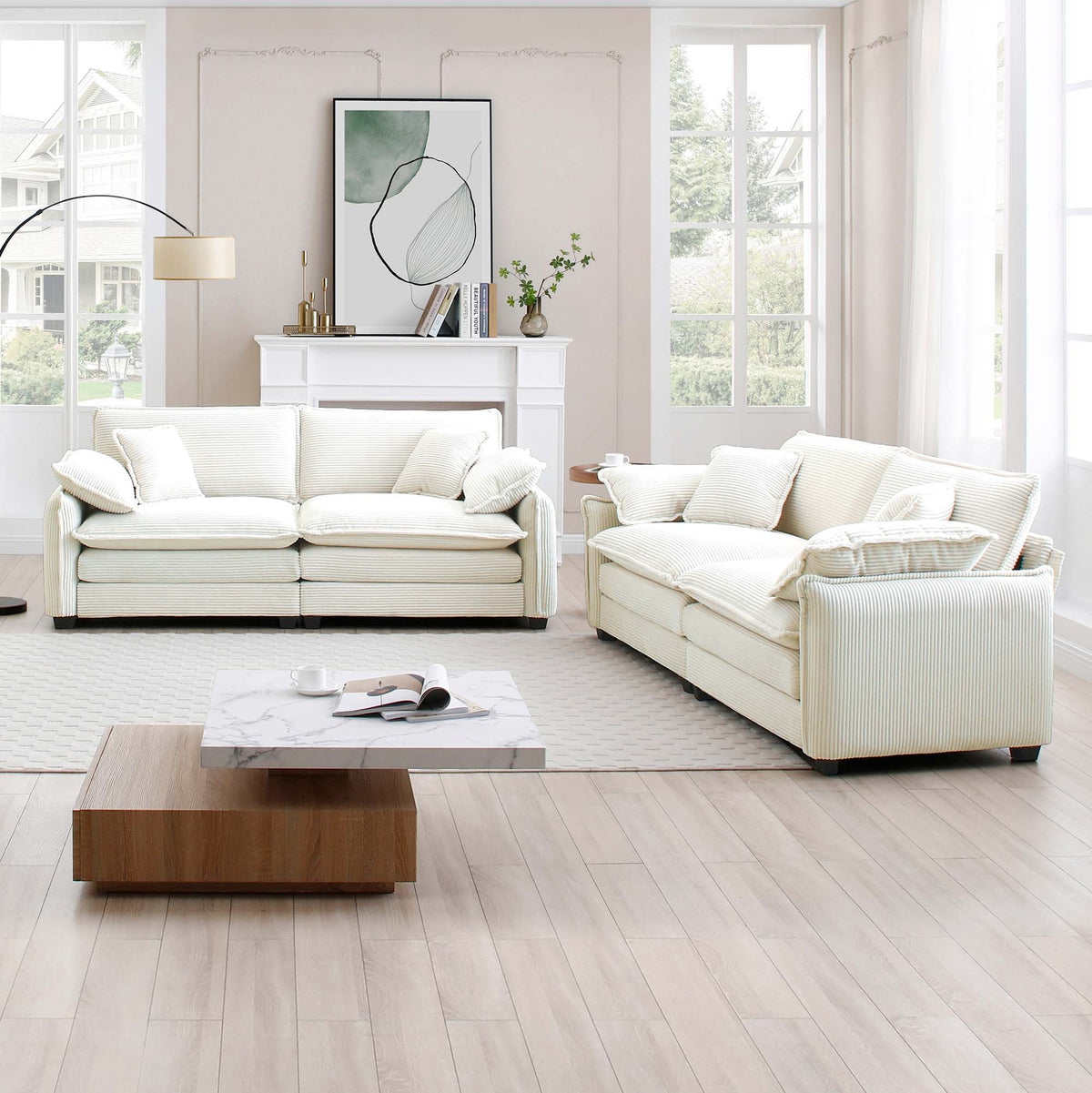 Modern Living Room Sofa Two-Piece Set, Suitable for Living room and Bedroom Sofa Set, Consists of two pieces of 2 Seater Sofa,Beige Corduroy