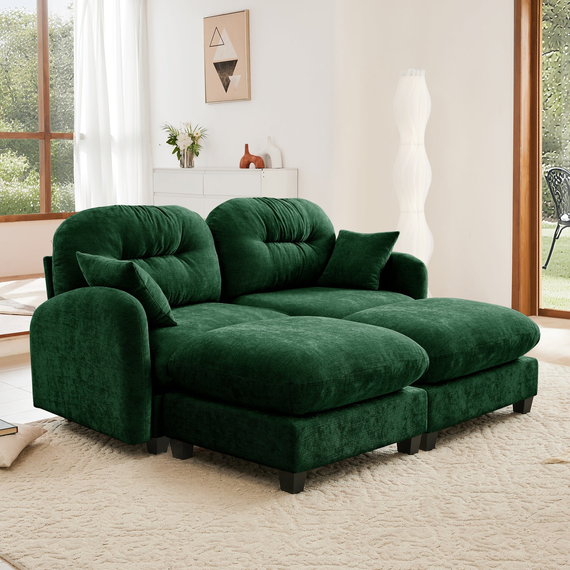 Cloud Sectional Couches,Premium Chenille Fabric Paired With Soft Throw Pillows,Tufted Cushion Backrest Design  High-Density Foam Ergonomic Design Easy Install Elegant Armrests,Fits Bedrooms,Green