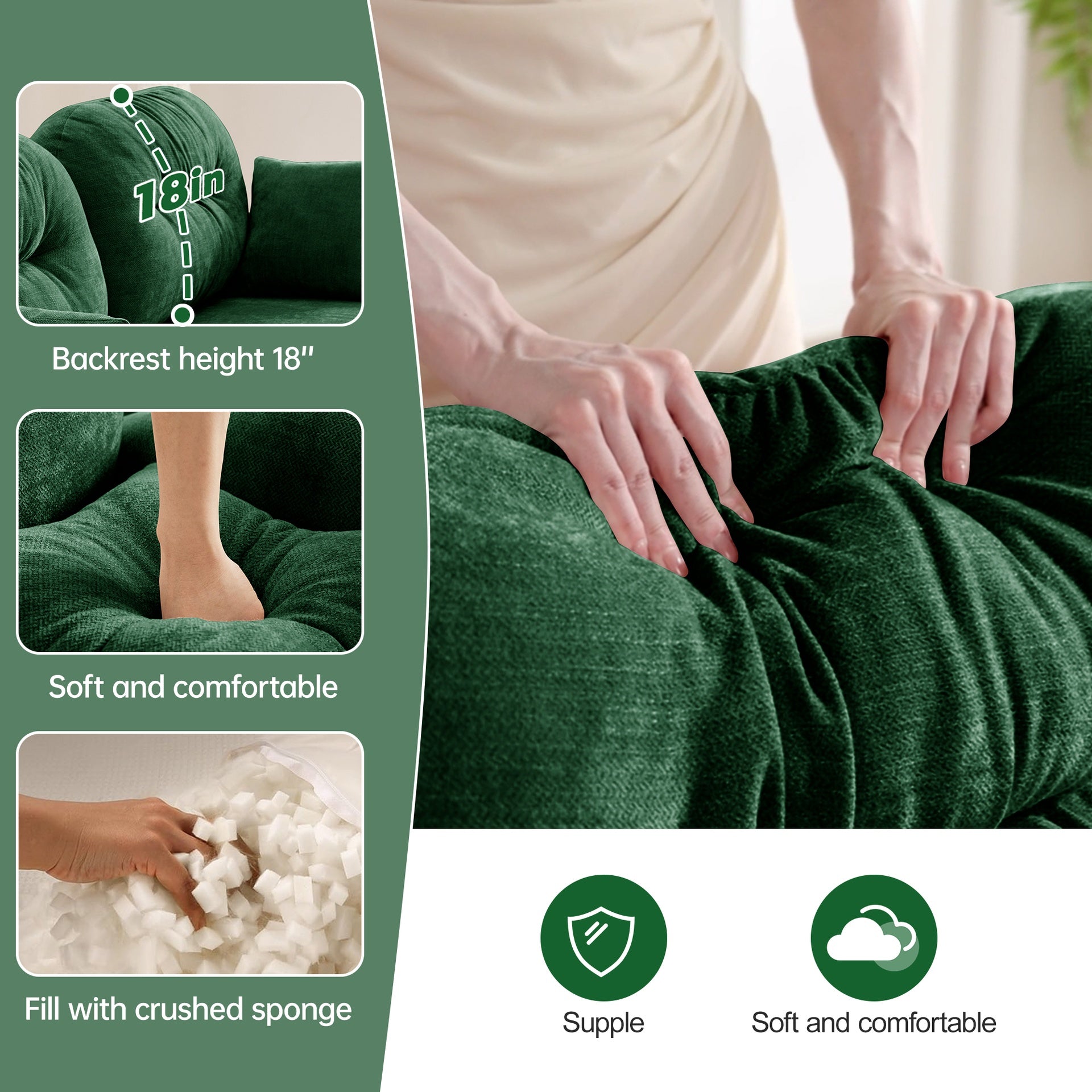 Cloud Sectional Couches,Premium Chenille Fabric Paired With Soft Throw Pillows,Tufted Cushion Backrest Design  High-Density Foam Ergonomic Design Easy Install Elegant Armrests,Fits Bedrooms,Green