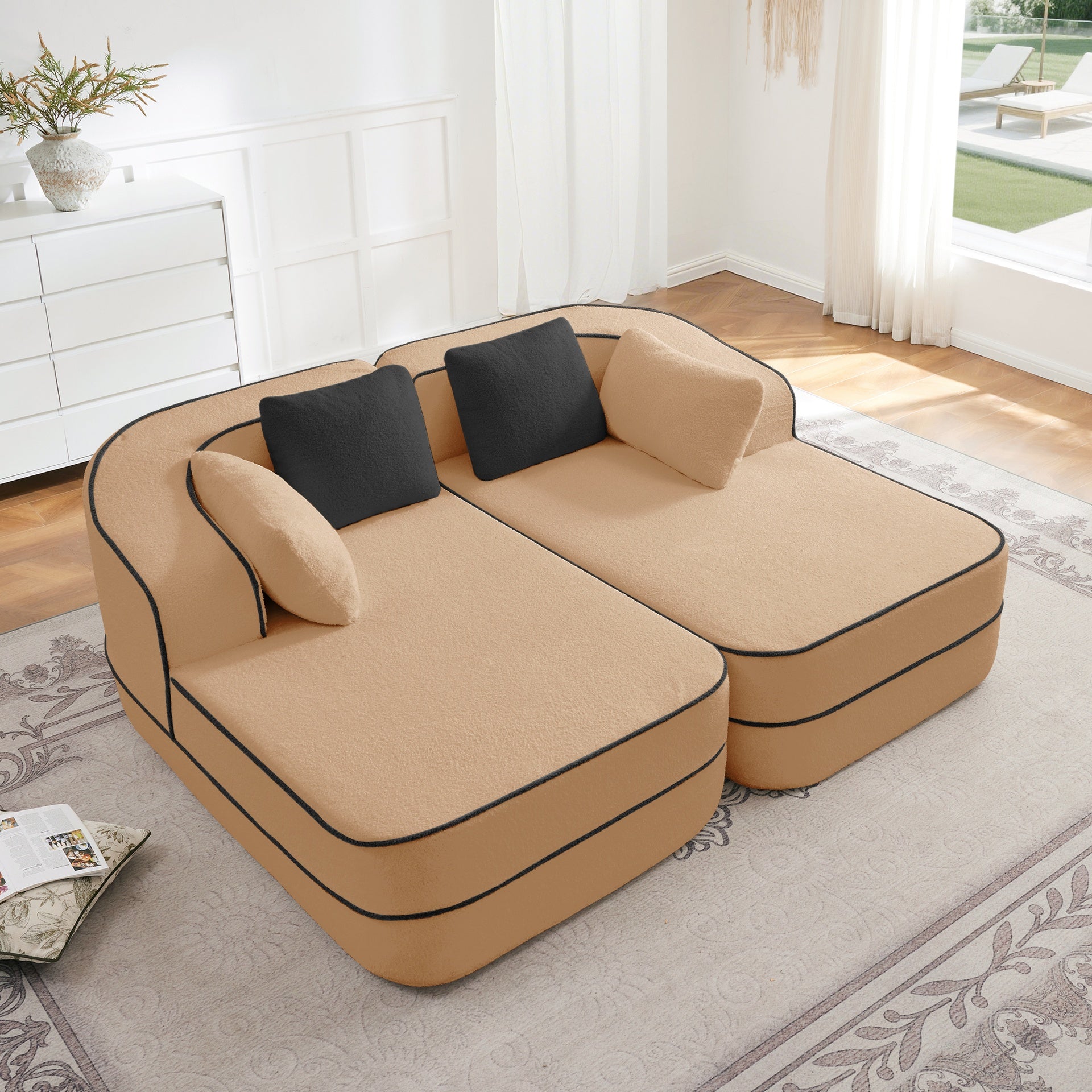 77.2" Teddy Fabric No Assembly  32D High Density sponge Boneless Sofa,Fluffy Comfy Couch with double Chaises,Sleeper sofa,Contrast color design,Symmetrical aesthetics,for Living Room,Camel