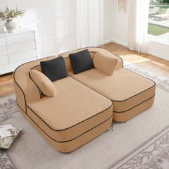 77.2" Teddy Fabric No Assembly  32D High Density sponge Boneless Sofa,Fluffy Comfy Couch with double Chaises,Sleeper sofa,Contrast color design,Symmetrical aesthetics,for Living Room,Camel