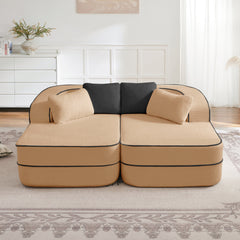 77.2" Teddy Fabric No Assembly  32D High Density sponge Boneless Sofa,Fluffy Comfy Couch with double Chaises,Sleeper sofa,Contrast color design,Symmetrical aesthetics,for Living Room,Camel