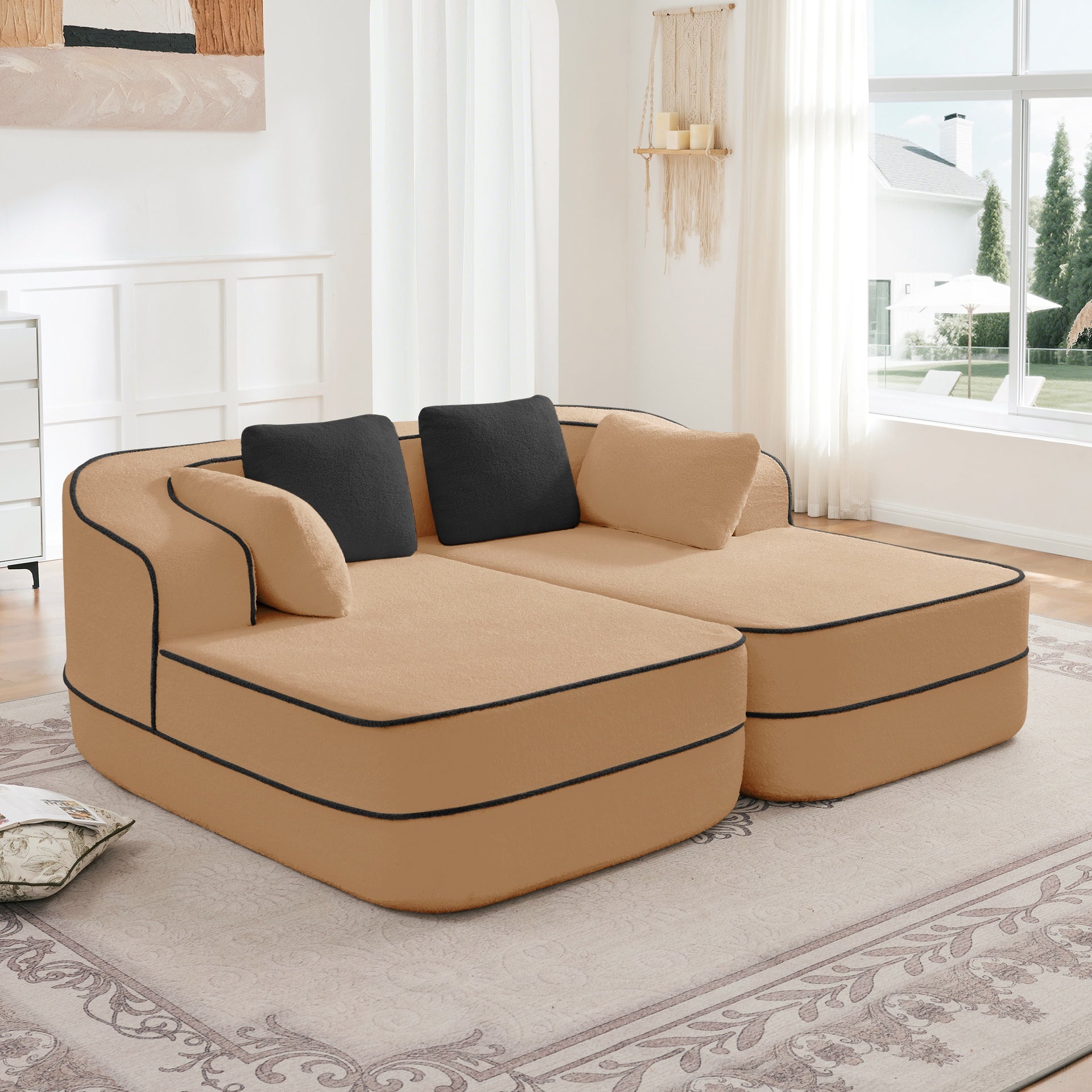 77.2" Teddy Fabric No Assembly  32D High Density sponge Boneless Sofa,Fluffy Comfy Couch with double Chaises,Sleeper sofa,Contrast color design,Symmetrical aesthetics,for Living Room,Camel