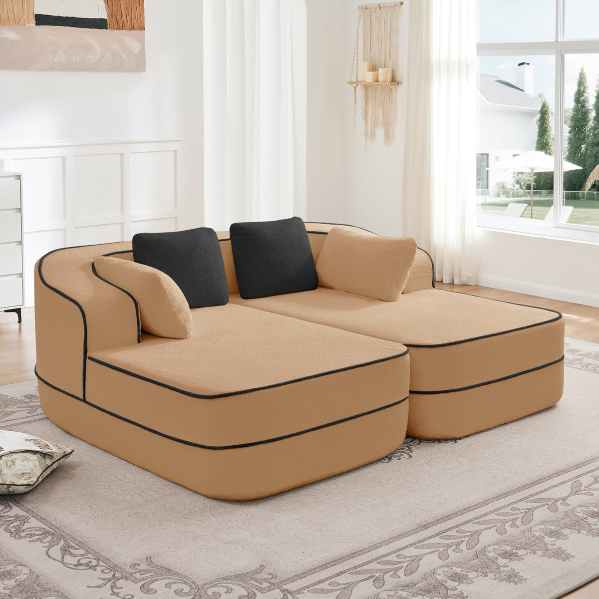 77.2" Teddy Fabric No Assembly  32D High Density sponge Boneless Sofa,Fluffy Comfy Couch with double Chaises,Sleeper sofa,Contrast color design,Symmetrical aesthetics,for Living Room,Camel