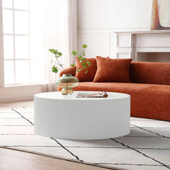 Contemporary Round Coffee Table with Handcrafted Relief, φ35.43inch, Whtie (Same Sku:W87676995)