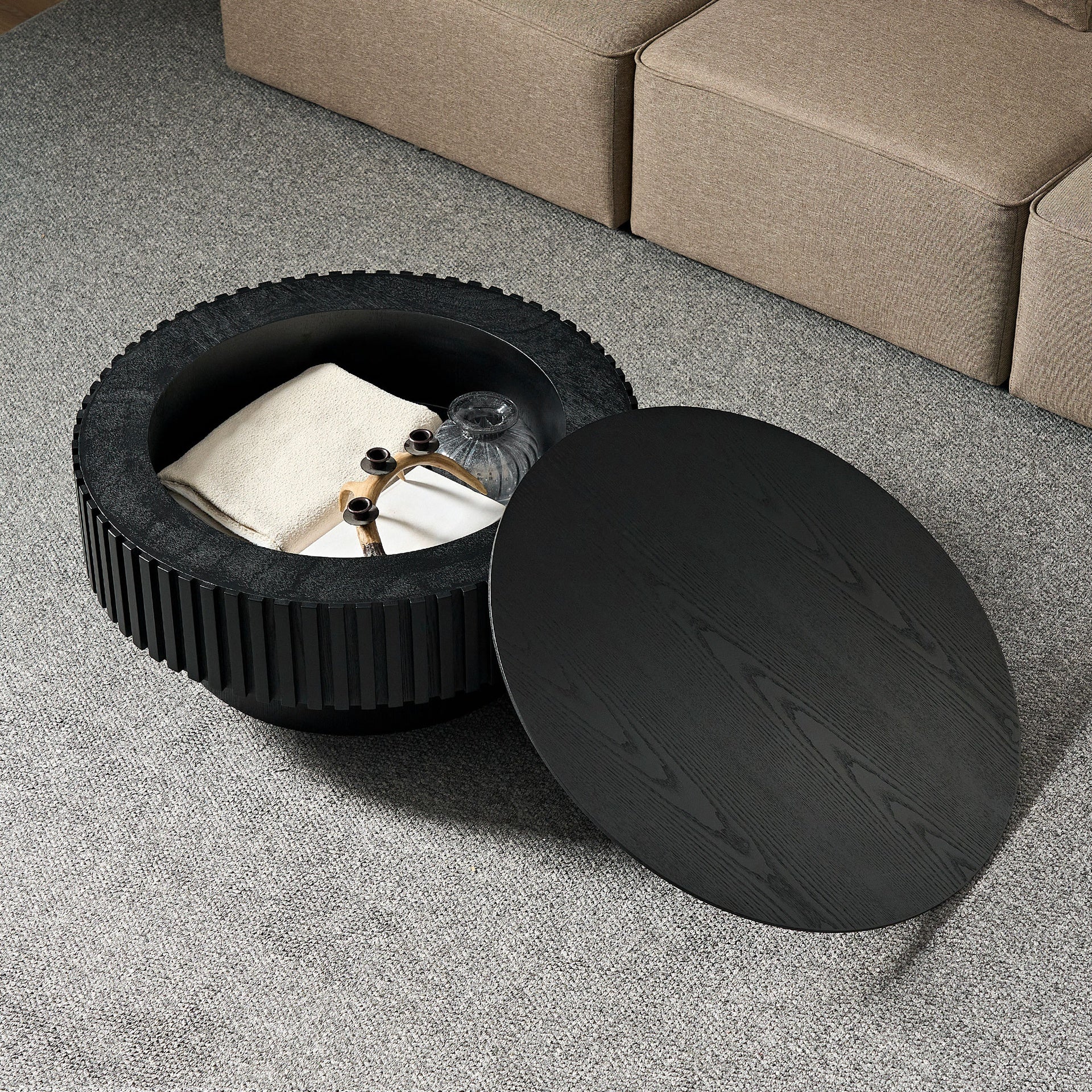 31.49'' Nesting Round Wood Coffee table with Storage for Apartment, Modern Living Room Coffee Table with Sturdy Pedestal ,BLACK
