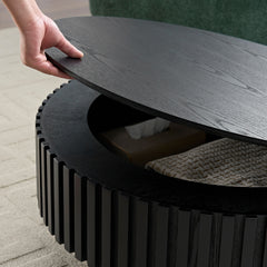 31.49'' Nesting Round Wood Coffee table with Storage for Apartment, Modern Living Room Coffee Table with Sturdy Pedestal ,BLACK