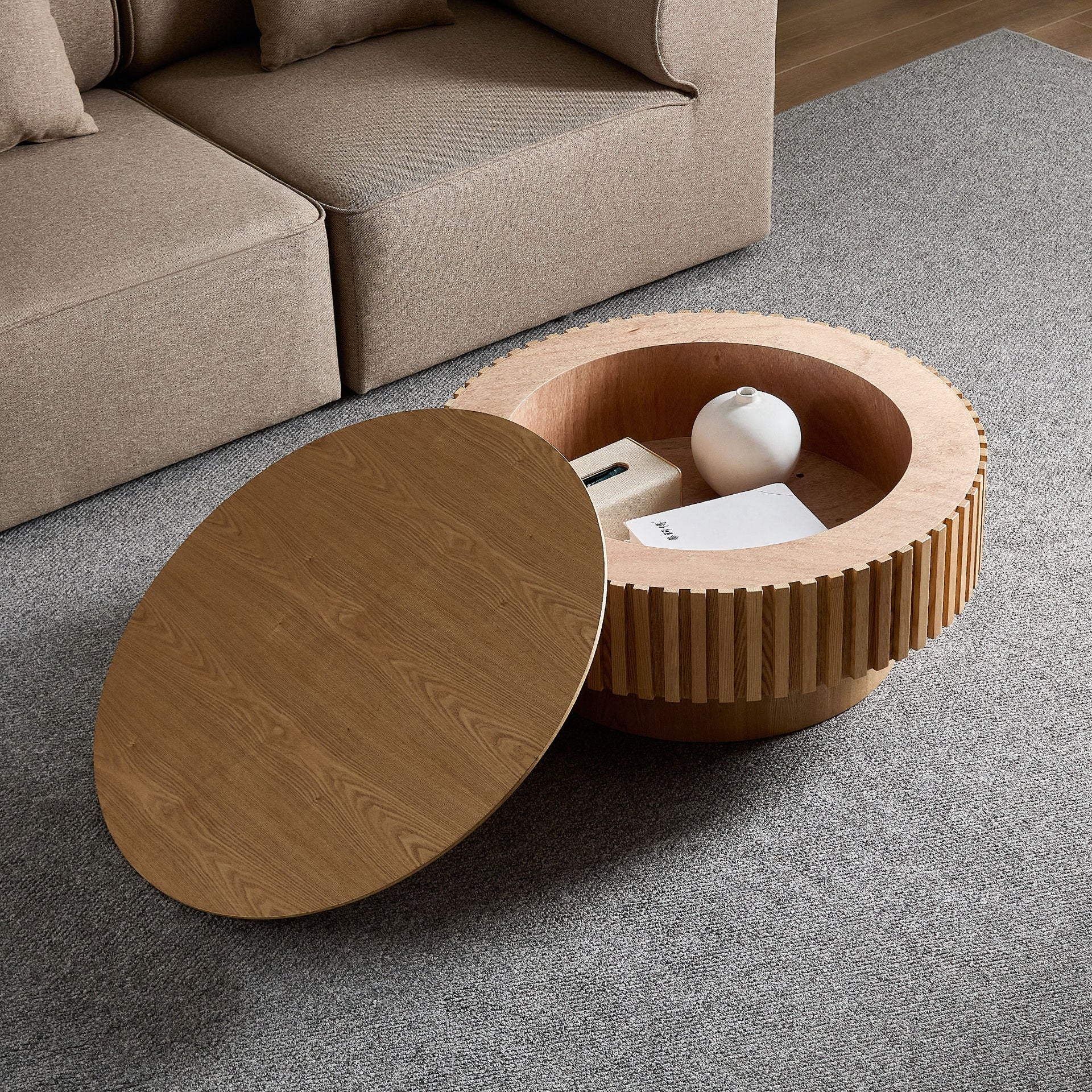 31.49'' Round Wood Coffee Table  with Storage for Living Room, Modern Handcraft Drum Coffee Table, Circle Wooden Coffee Table for Small Space Apartment ASH.