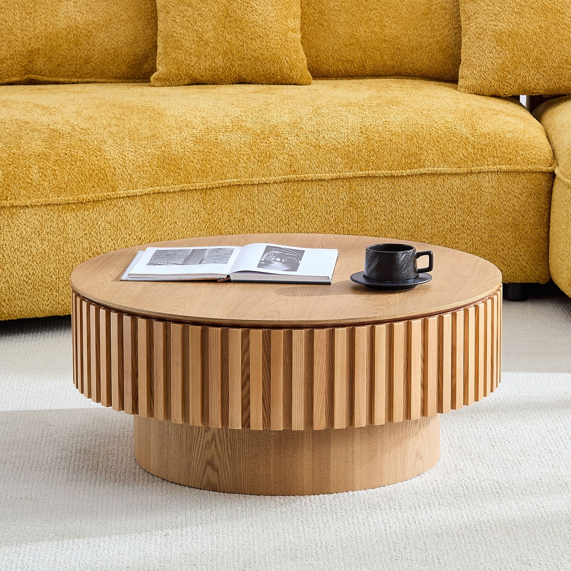 31.49'' Round Wood Coffee Table  with Storage for Living Room, Modern Handcraft Drum Coffee Table, Circle Wooden Coffee Table for Small Space Apartment ASH.