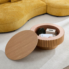 31.49'' Round Wood Coffee Table  with Storage for Living Room, Modern Handcraft Drum Coffee Table, Circle Wooden Coffee Table for Small Space Apartment ASH.