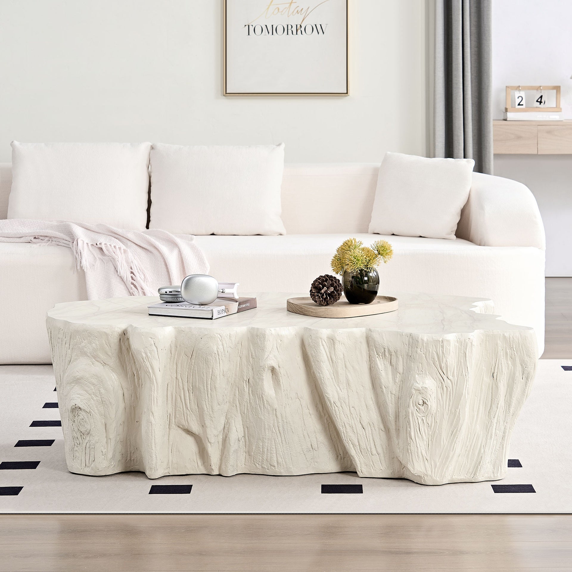 48.62 inch Unique Shape Coffee Table Sturdy Fiberglass Tea Table for Living Room No Need Assembly Beige