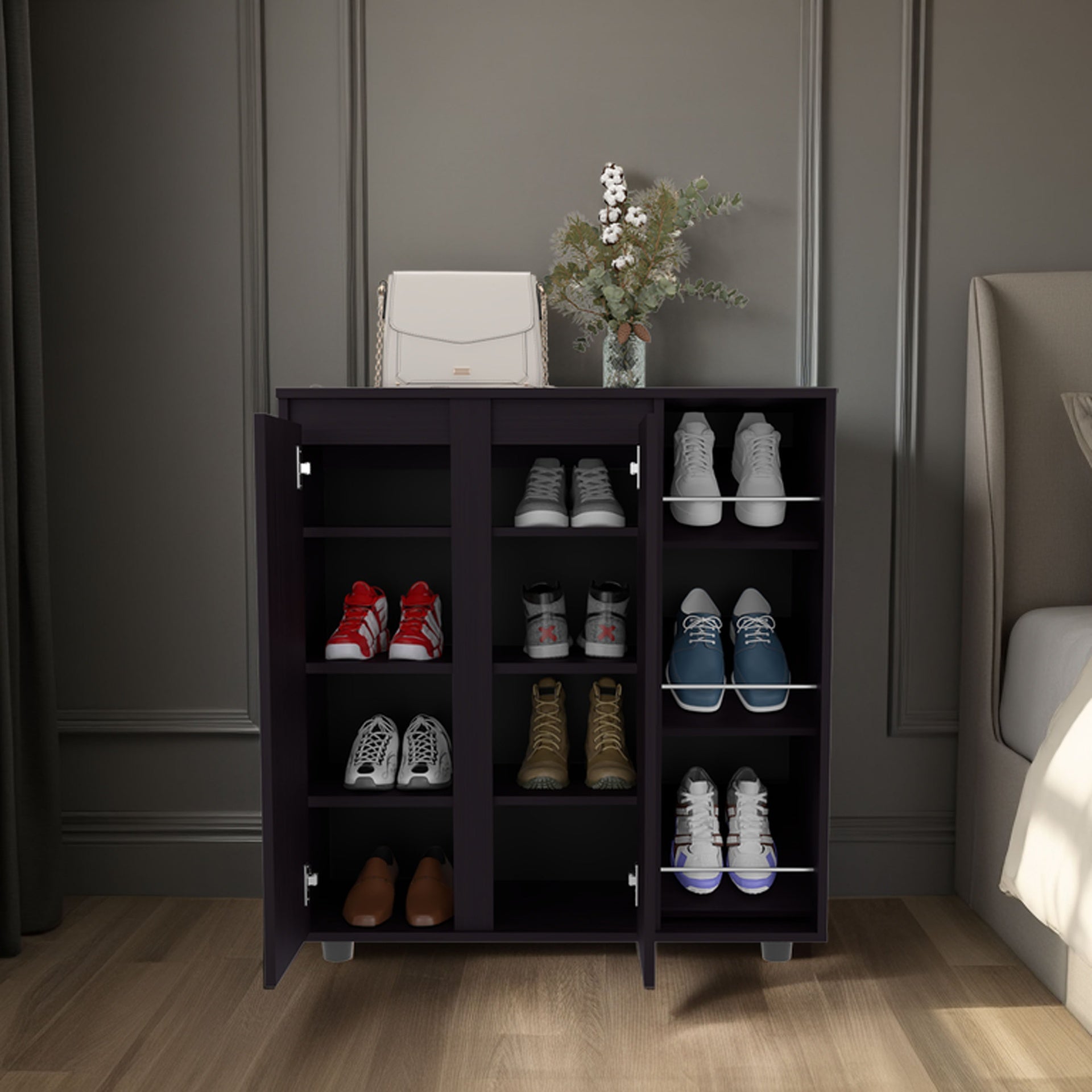 Gitano Shoe Storage Cabinet, 2 Doors, 8  Enclosed Shelves, 3 Open Side Shelves, Freestanding Design, Entryway or Bedroom Use, Wenge