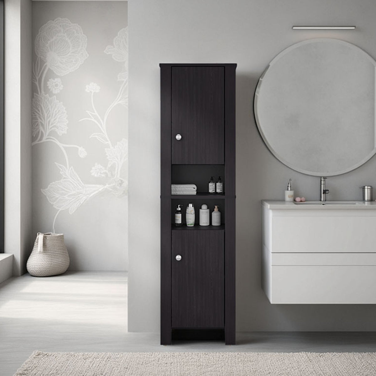 FM FURNITURE  Catalina Tall Stylish Cabinet, Bathroom Organizer with Closed Compartments and Daily Use Areas, Wenge