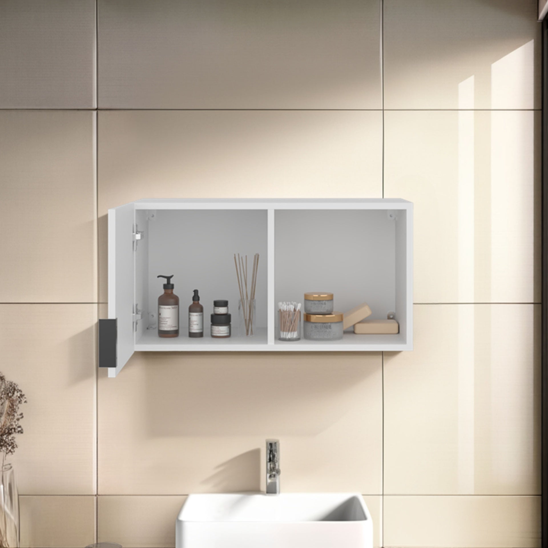 FM FURNITURE Wall-Mounted Bathroom Cabinet with Hidden Storage and Open Compartment, White