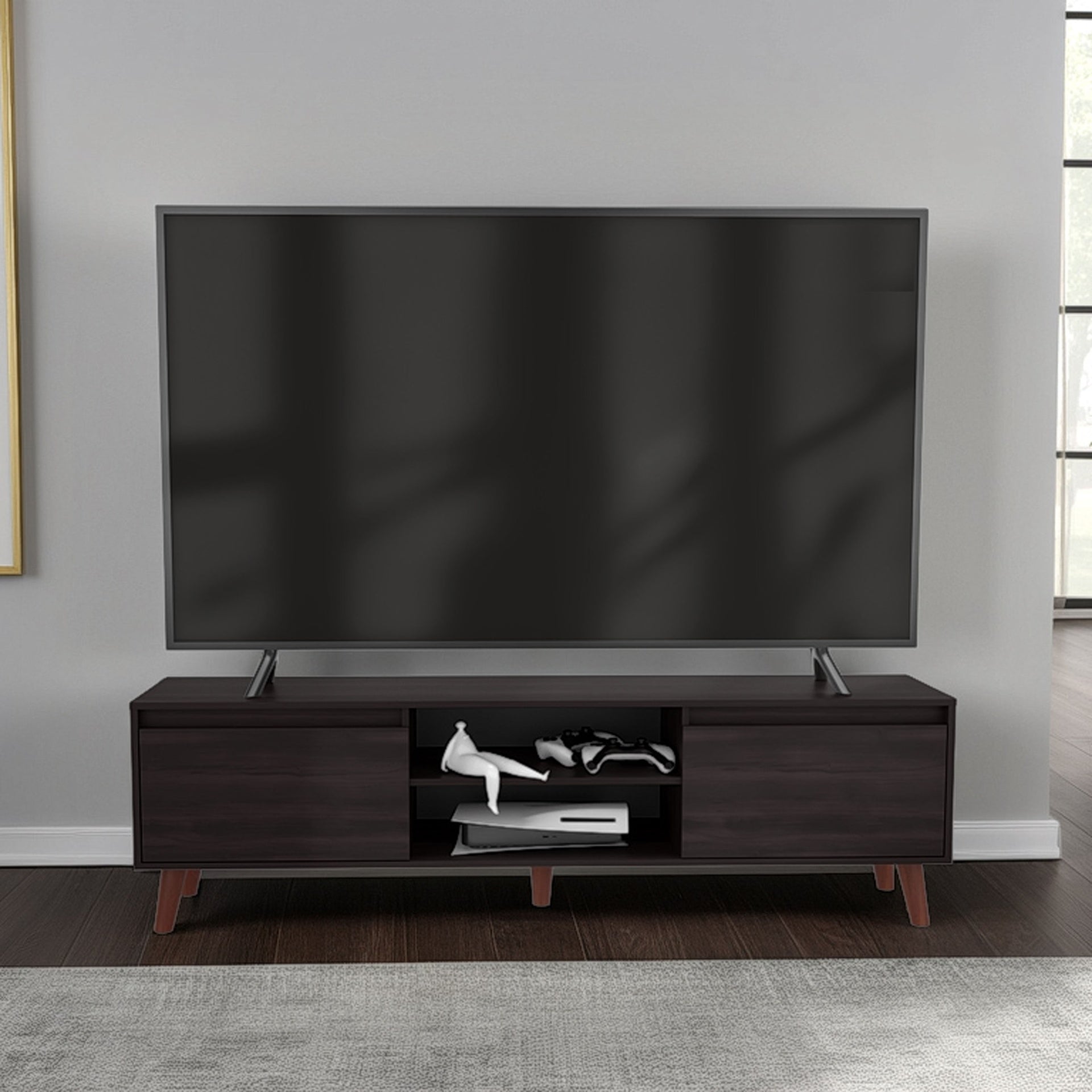TV Stand for TVs up to 75 Inches, Modern Entertainment Console with Cabinets and Open Shelves