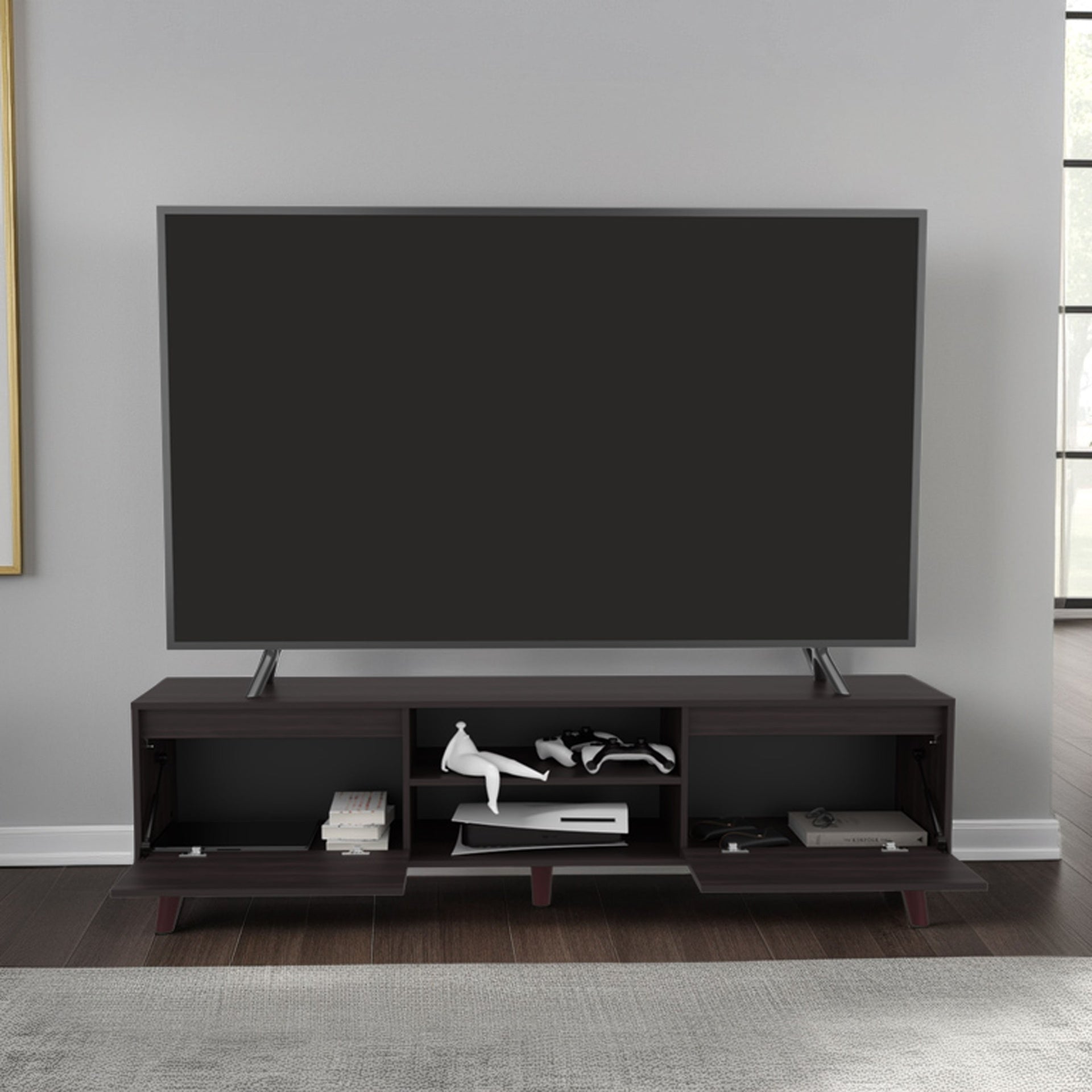 TV Stand for TVs up to 75 Inches, Modern Entertainment Console with Cabinets and Open Shelves