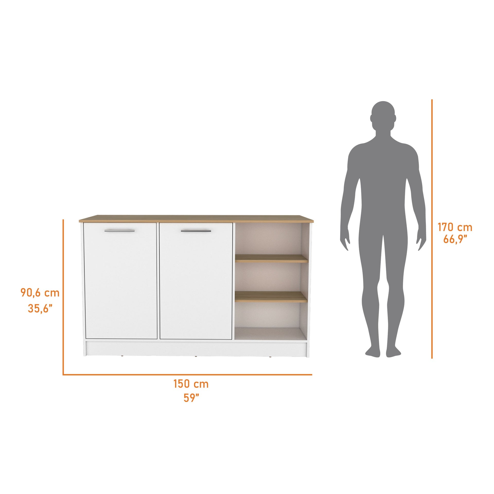 Gladiolus kitchen island in melamine, two doors, three open shelves