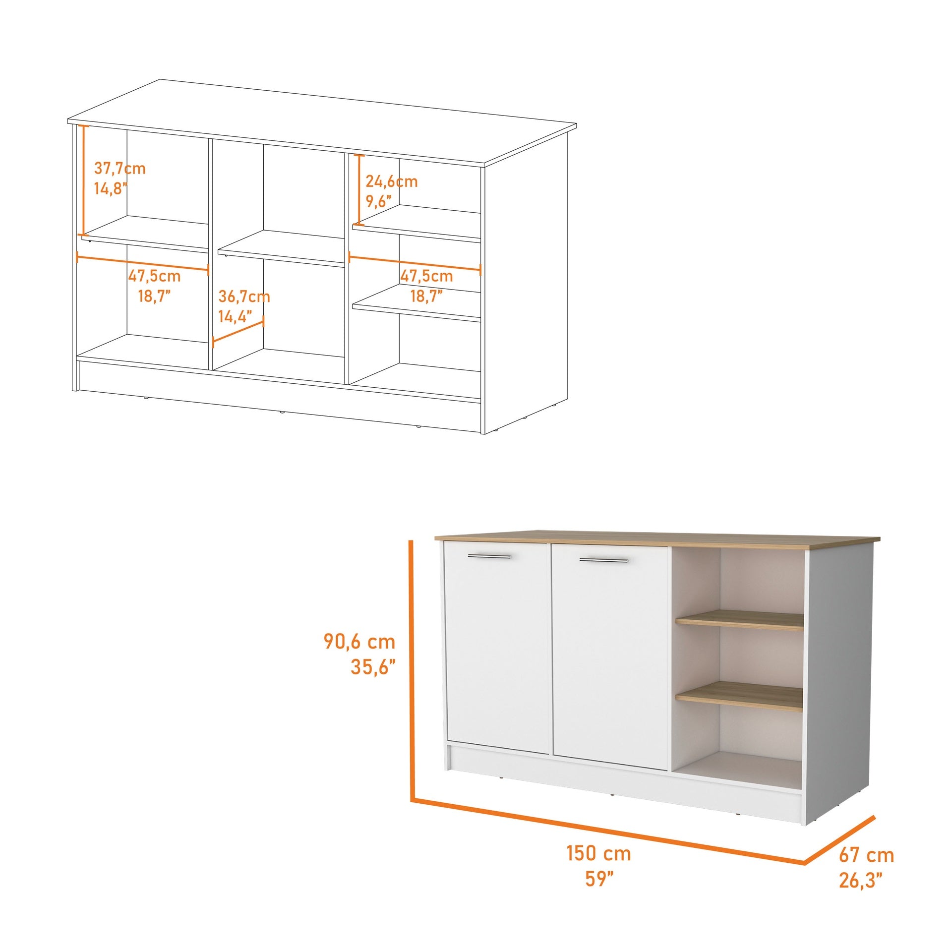 Gladiolus kitchen island in melamine, two doors, three open shelves