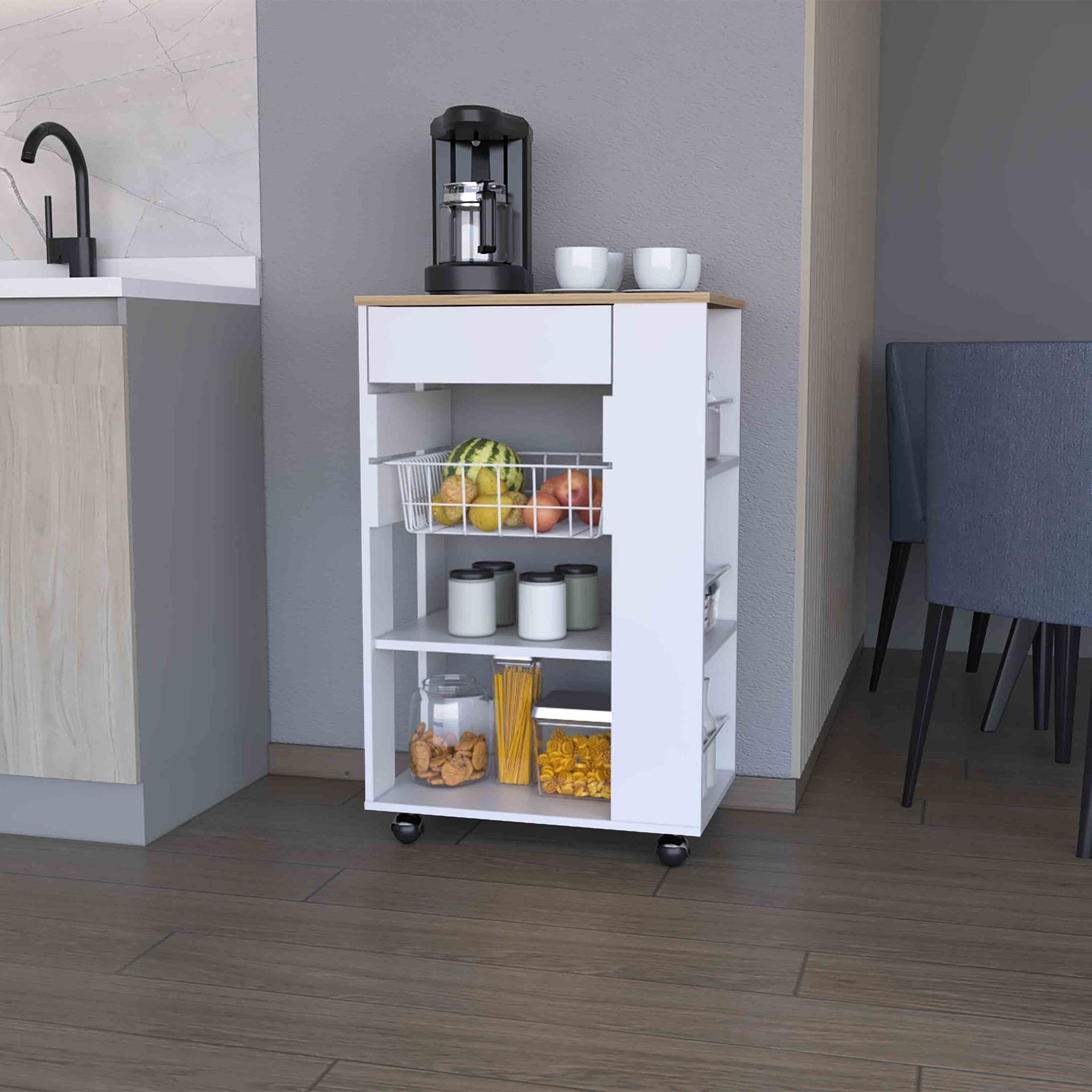 Shelton Kitchen Cart, Two Open Shelves,One Drawer, Four Caster