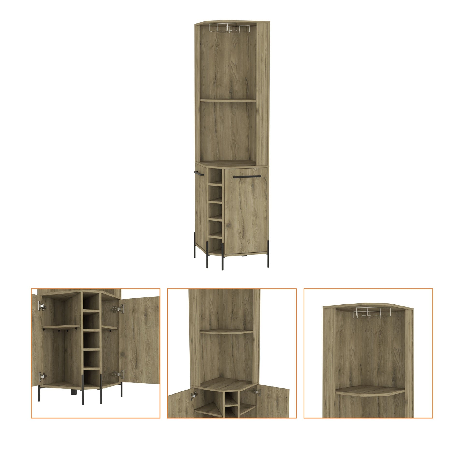 Reese Corner Bar Cabinet, Two Shelves, Double Door Cabinet, Five Built-in Wine Rack, Four Interior Shelves